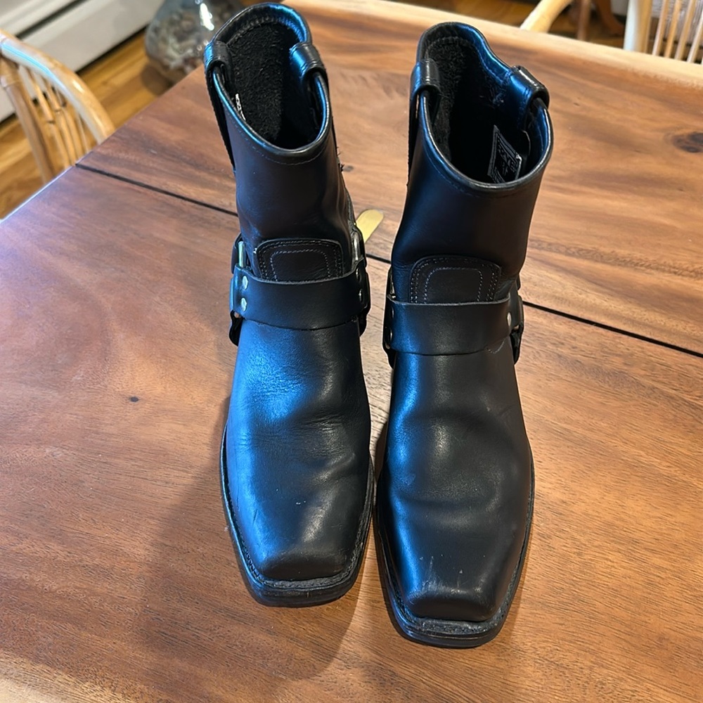 Classic black Frye boots.  Leather upper and rubber outer sole.